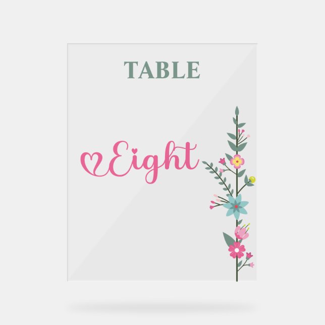 Floral Elegant Love Wedding Table Number EIGHT Acrylic Sign (Front)
