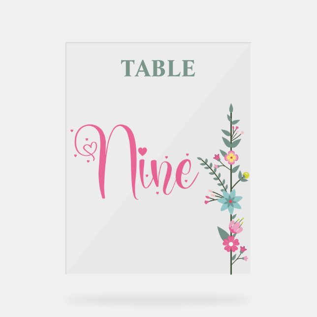 Floral Elegant  Love Wedding Table Number NINE Acrylic Sign (Front)