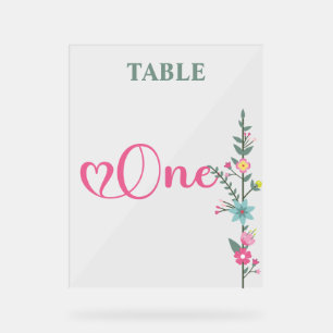 Floral Elegant Love Wedding Table Number ONE Acrylic Sign