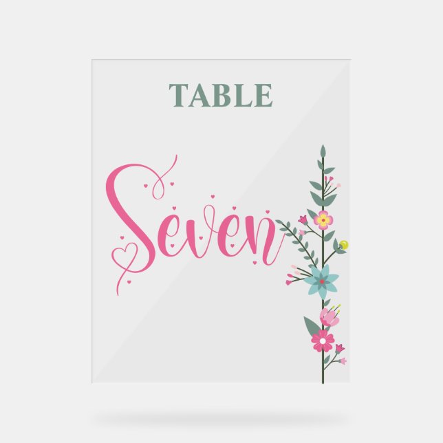 Floral Elegant  Love Wedding Table Number SEVEN Acrylic Sign (Front)