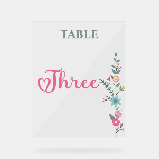 Floral Elegant Love Wedding Table Number THREE Acrylic Sign (Front)