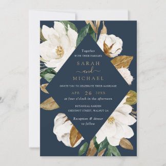 Floral Elegant Magnolia Beige Navy Wedding Invitation
