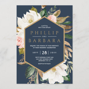 Floral Elegant Magnolia Blush Navy Neutral Invitation
