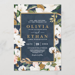 Floral Elegant Magnolia Blush Navy Neutral Invitation