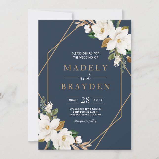 Floral Elegant Magnolia Blush Navy Neutral Invitation (Front)