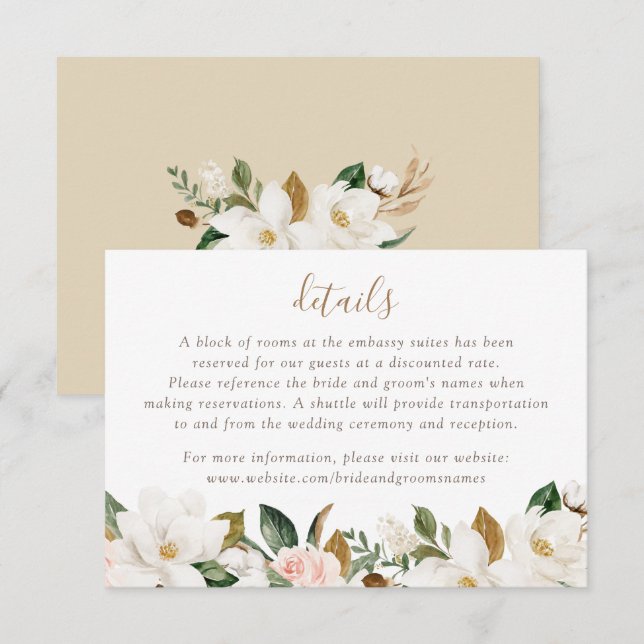 Floral Elegant Magnolia Blush Pink Neutral Details Invitation (Front/Back)