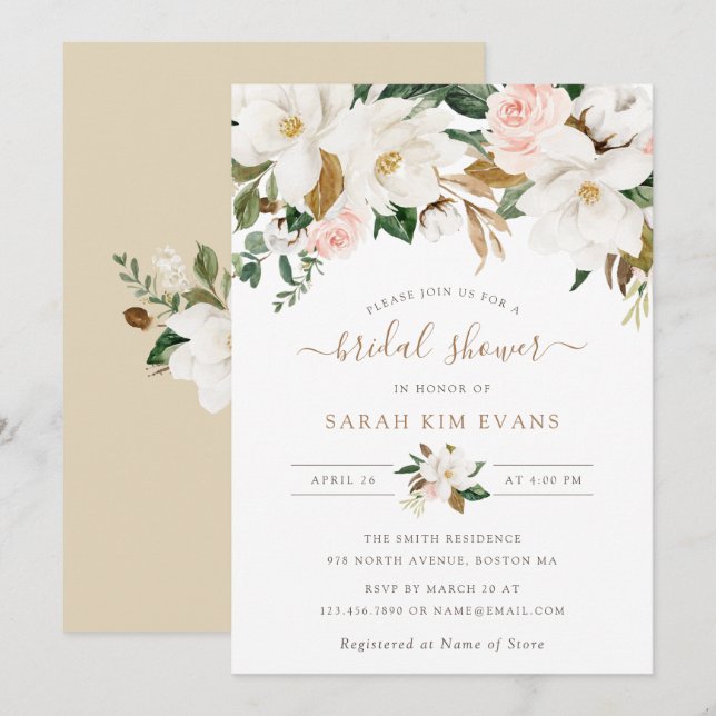 Floral Elegant Magnolia Blush White Bridal Shower Invitation (Front/Back)
