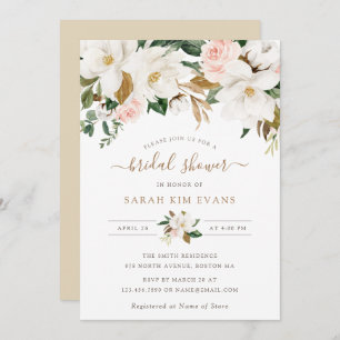 Floral Elegant Magnolia Blush White Bridal Shower Invitation