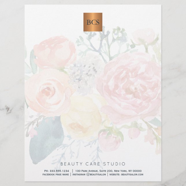 Floral elegant metallic gold copper monogrammed custom letterhead (Front)