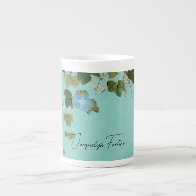 Floral Elegant Minimalist Calligraphy Add Name Bone China Mug (Front)