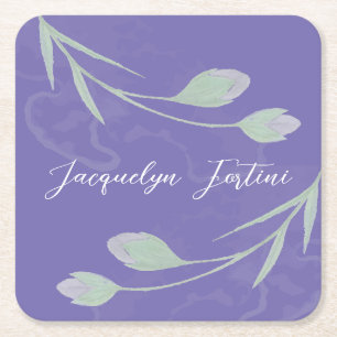 Floral Elegant Minimalist Calligraphy Lithograph Square Paper Coaster