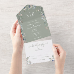 Floral Elegant Monogram Sage Green Wedding All In One Invitation