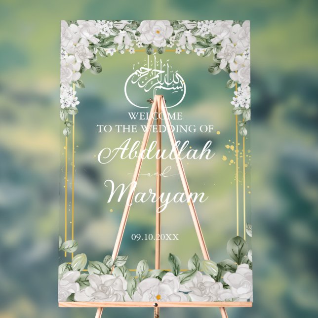 Floral Elegant Muslim Islamic Wedding Welcome Acrylic Sign (Neutral)