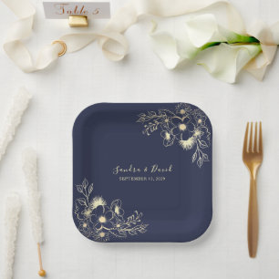 Floral Elegant Navy Blue Wedding  Paper Plate