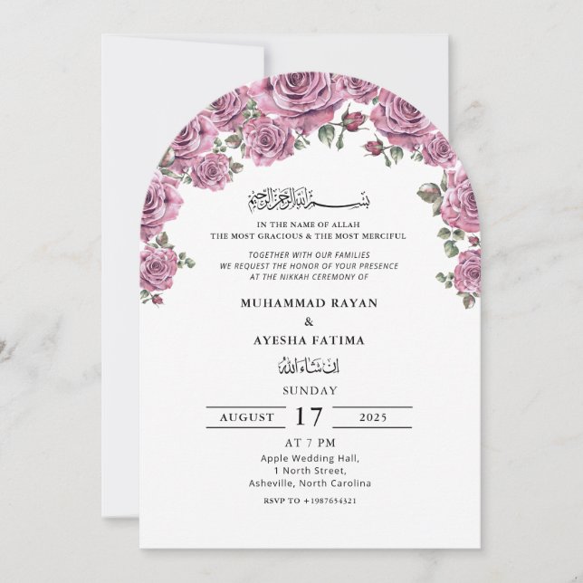 Floral Elegant Nikkah Arabic Islamic Wedding Invitation (Front)