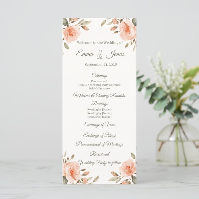 Floral Elegant Personalised Wedding Program Temp. Programme (Standing Front)