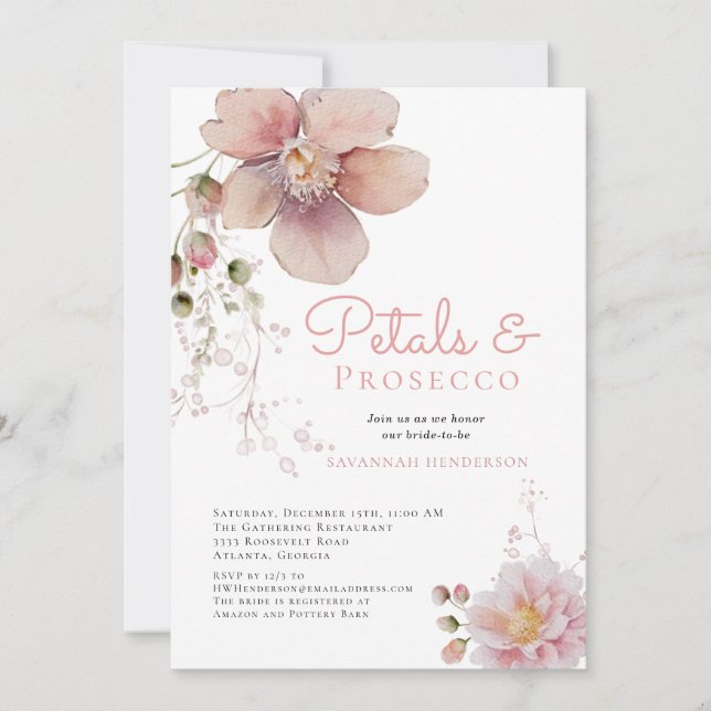 Floral Elegant Petals and Prosecco Bridal Shower Invitation (Front)