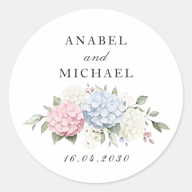 Floral Elegant Pink & Blue Hydrangea Envelope Classic Round Sticker (Front)
