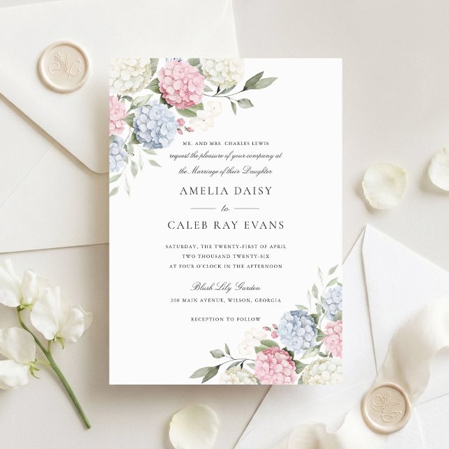 Floral Elegant Pink & Blue Hydrangea Wedding  Invitation (Creator Uploaded)
