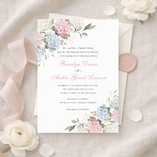 Floral Elegant Pink & Blue Hydrangea Wedding Invitation