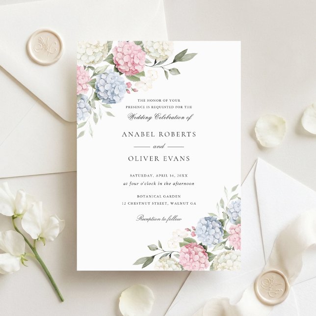 Floral Elegant Pink & Blue Hydrangea Wedding Invitation (Creator Uploaded)