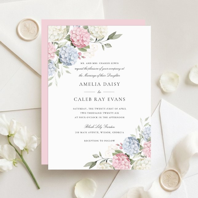 Floral Elegant Pink & Blue Hydrangea Wedding  Invitation (Creator Uploaded)
