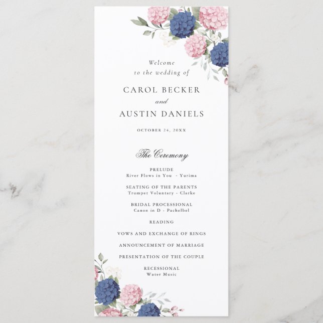 Floral Elegant Pink & Blue Hydrangea Wedding Programme (Front)
