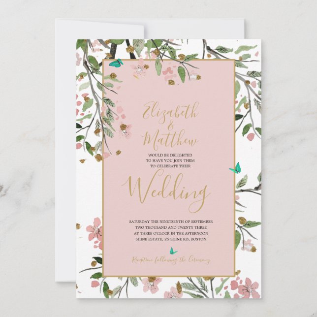 Floral  Elegant Pink Gold Chinoiserie Wedding Invitation (Back)