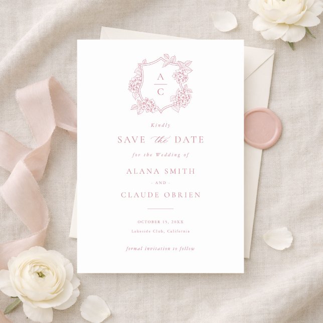 Floral Elegant Pink Hydrangea Crest Save the Date Invitation (Creator Uploaded)