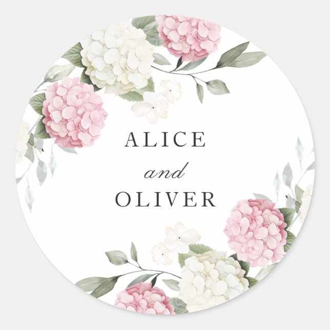 Floral Elegant Pink Hydrangea Greenery Envelope Classic Round Sticker (Front)