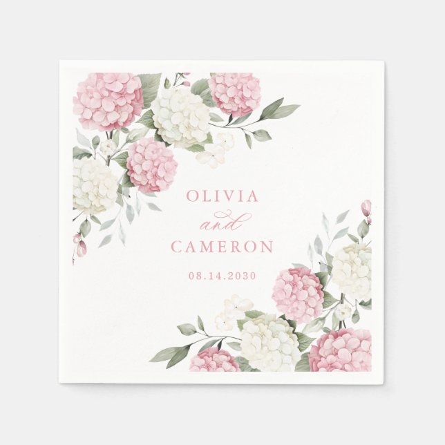 Floral Elegant Pink Hydrangea Greenery Wedding Napkin (Front)