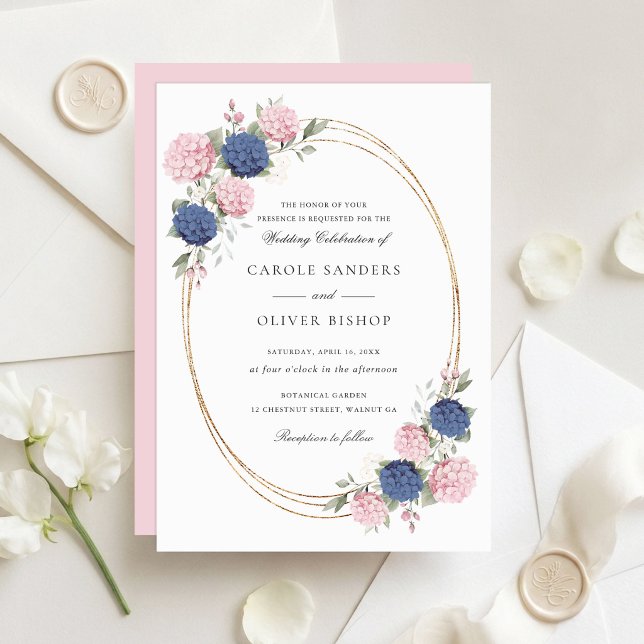 Floral Elegant Pink & Navy Blue Hydrangea Wedding Invitation (Creator Uploaded)