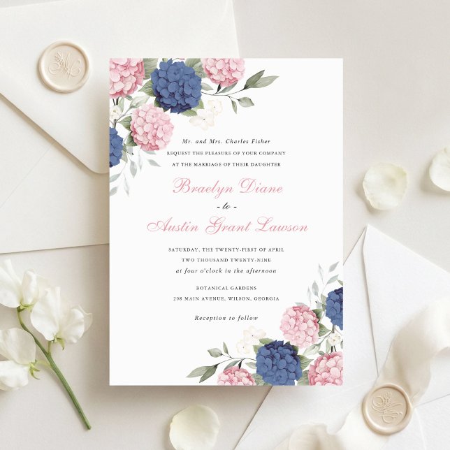 Floral Elegant Pink & Navy Blue Hydrangea Wedding  Invitation (Creator Uploaded)