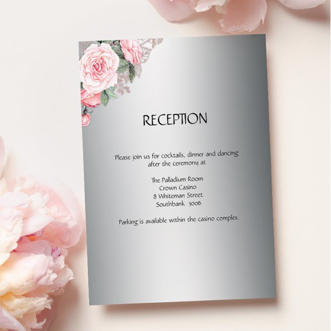 Floral Elegant Pink Roses Silver Wedding Reception Enclosure Card (Creator Uploaded)
