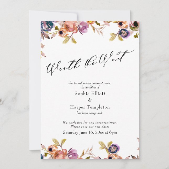 Floral Elegant Postponed Wedding Worth the Wait Invitation (Front)
