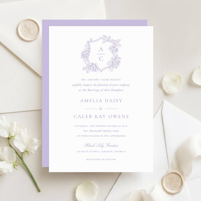 Floral Elegant Purple Hydrangea Crest Wedding Invitation (Creator Uploaded)