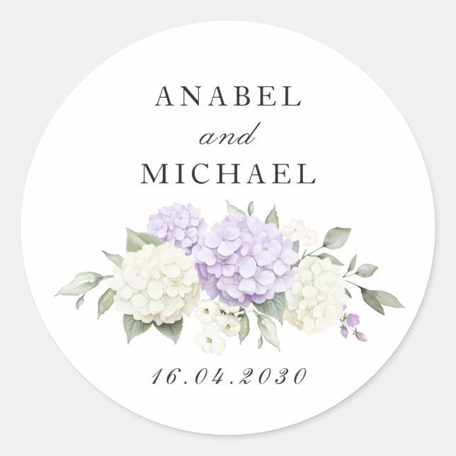 Floral Elegant Purple Hydrangea Greenery Envelope Classic Round Sticker (Front)