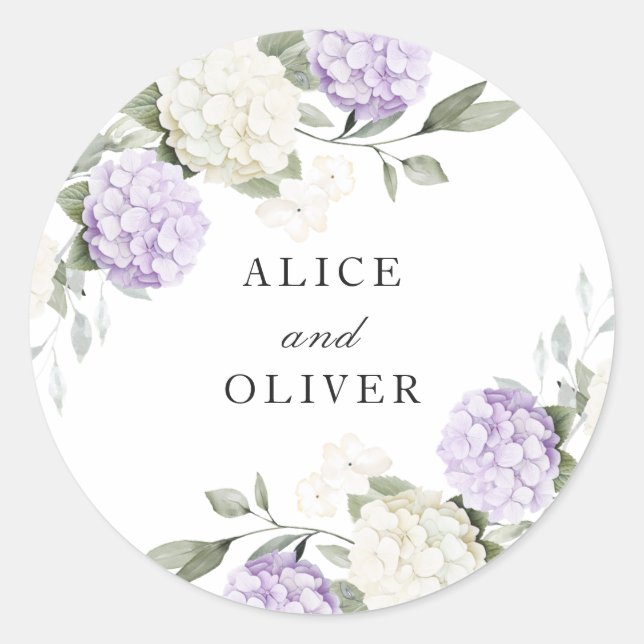 Floral Elegant Purple Hydrangea Greenery Envelope Classic Round Sticker (Front)
