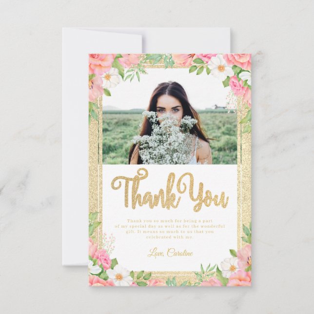 Floral Elegant Rose Tulip Pink Photo Thank You Card (Front)