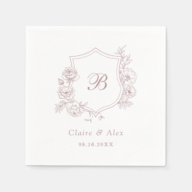 Floral Elegant Roses Crest Dusty Pink Monogram Napkin (Front)