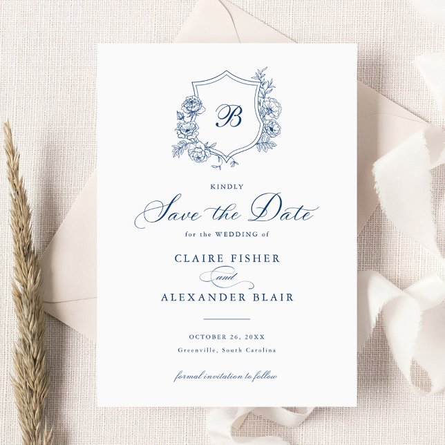 Floral Elegant Roses Crest Monogram Save the Date Invitation (Creator Uploaded)