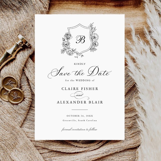 Floral Elegant Roses Crest Monogram Save the Date Invitation (Creator Uploaded)