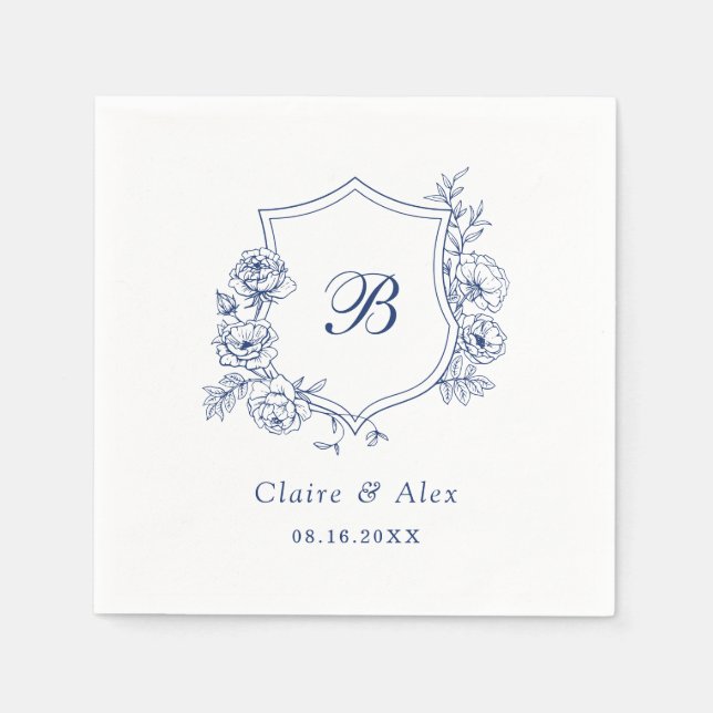 Floral Elegant Roses Crest Royal Blue Monogram Napkin (Front)
