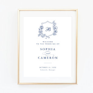 Floral Elegant Roses Monogram Crest Welcome Sign