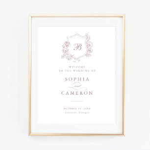 Floral Elegant Roses Monogram Crest Welcome Sign