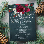 Floral elegant rustic burgundy navy baby shower invitation<br><div class="desc">Rustic fall or winter girl or boy baby shower party stylish invitation template on a dark navy blue chalkboard featuring a beautiful dark red wine and white peonies bouquet with hunter green foliage, strings of white twinkle lights, and a chic typography script. Easy to personalise with your details! The invitation...</div>