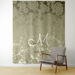 Floral Elegant Sage Green Ivory Monogram Backdrop Tapestry