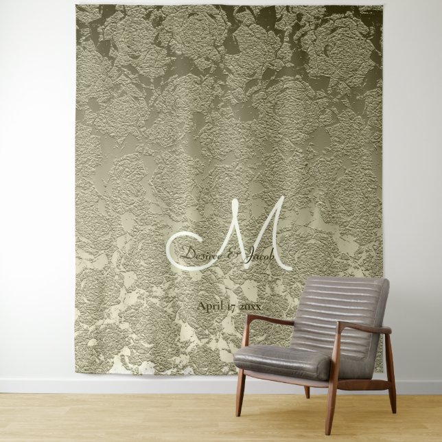 Floral Elegant Sage Green Ivory Monogram Backdrop Tapestry (In Situ)
