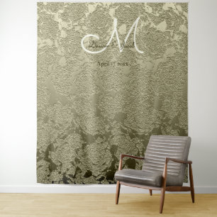 Floral Elegant Sage Green Ivory Monogram Wedding Tapestry
