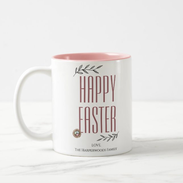 Floral Elegant Script Easter Family Easter Egg Two-Tone Coffee Mug (Left)